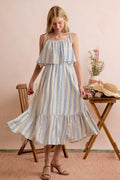 SO ME Stripe Tiered Shoulder Tie Midi Lined Dress