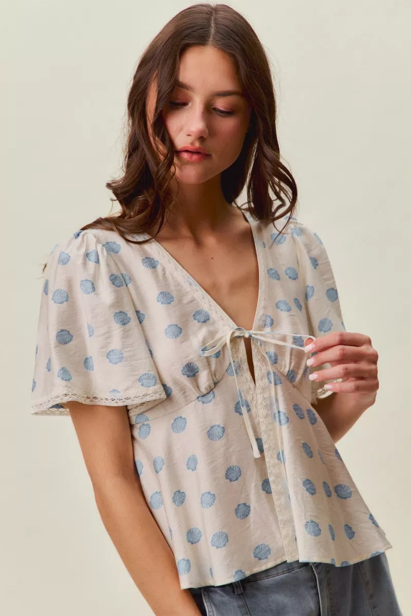 SO ME Shell Print Tie Blouse