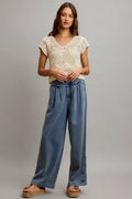 SO ME Mid Rise Ruffled Front Elastic Wide Leg Jeans