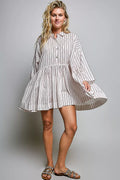 POL Striped Gathered Waist Woven Shirt Dress
