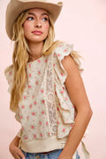 BiBi Flower Printed Ruffle Sleeve Top