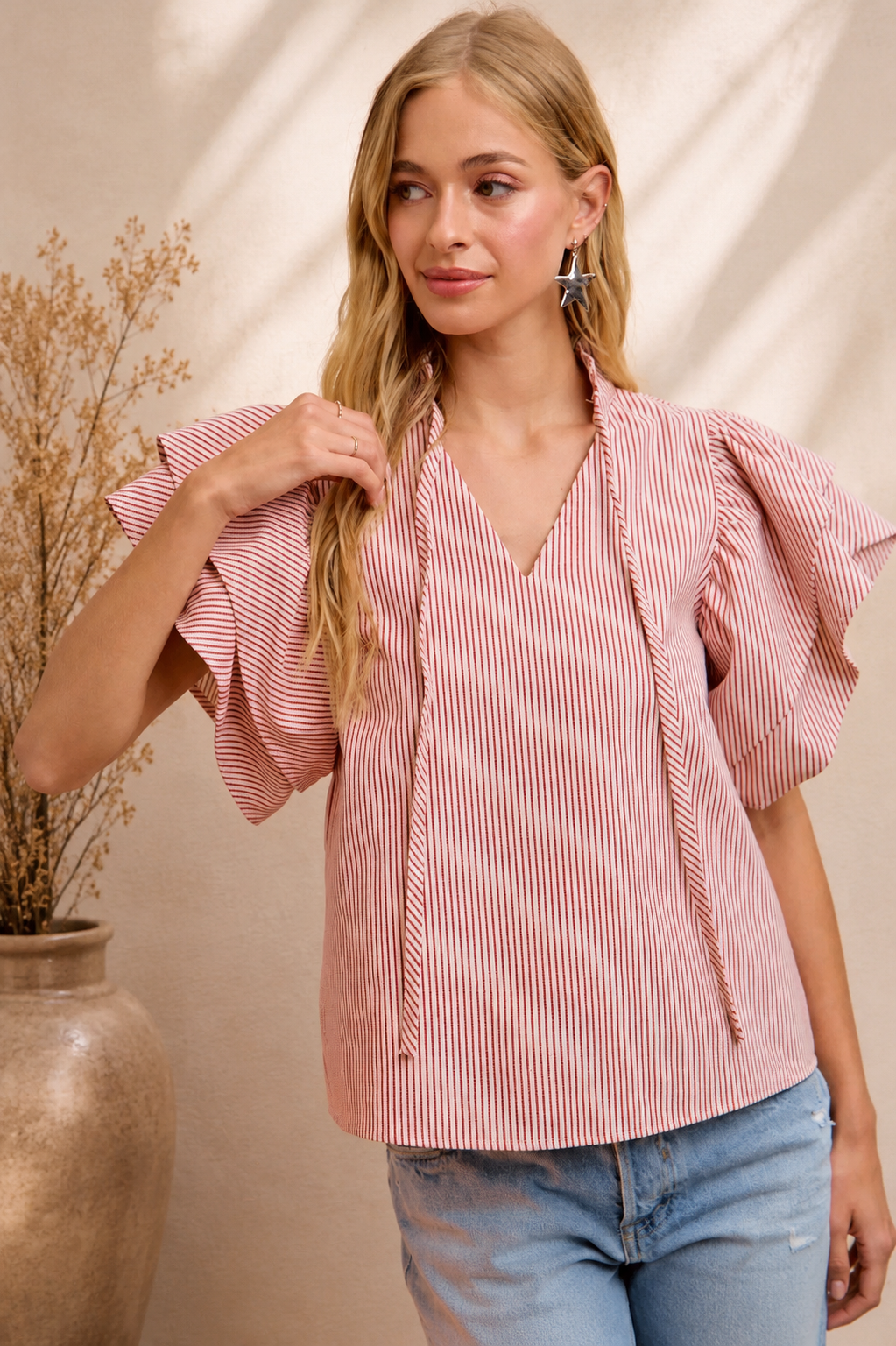 BiBi Striped Ruffle Sleeve Blouse
