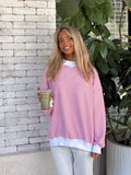 Dark Pink and White Big Striped Mockneck Sweatshirt