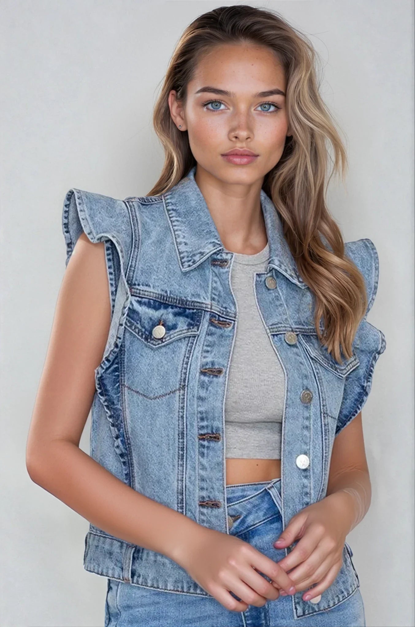 Victorian Charm Ruffle Denim Vest