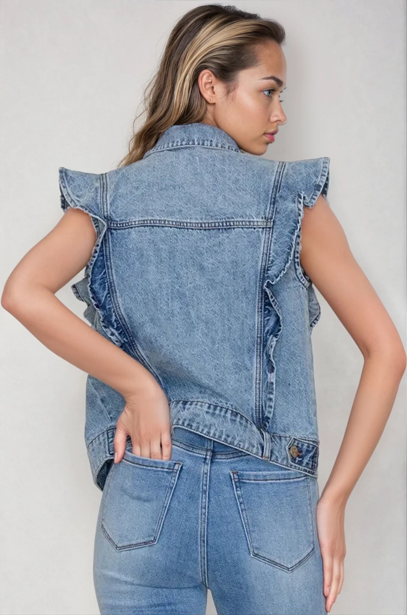 Victorian Charm Ruffle Denim Vest