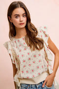 BiBi Flower Printed Ruffle Sleeve Top