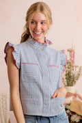SO ME Stripe Twill Stitch Ruffled Hidden Button Vest Top