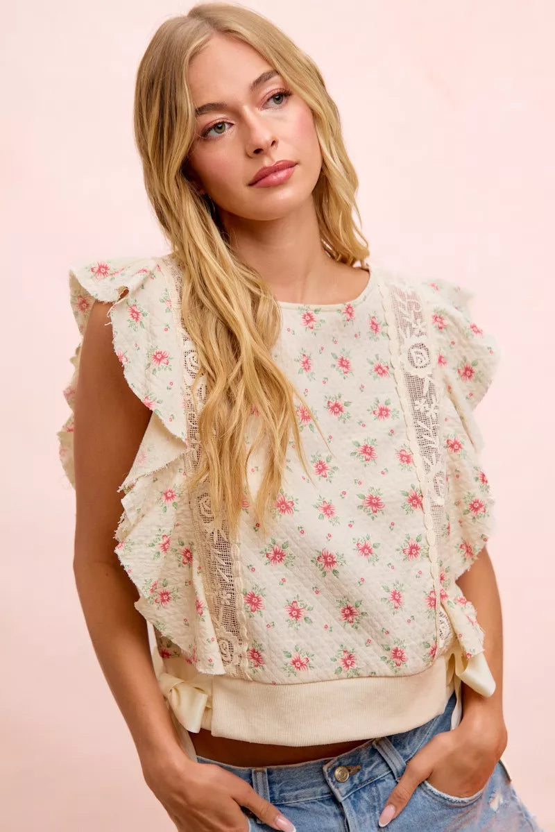 BiBi Flower Printed Ruffle Sleeve Top