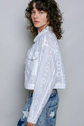 POL Eyelet Textured Cotton Cropped Button Front Jacket