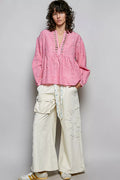 POL Eyelet Lace Split Neck Gathered Empire Waist Cotton Blouse