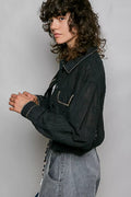POL Cropped Button-Front Eyelet Cotton Jacket
