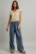 SO ME Mid Rise Ruffled Front Elastic Wide Leg Jeans