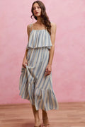 SO ME Stripe Tiered Shoulder Tie Midi Lined Dress