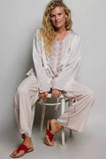 POL Embroidered Gathered Shoulder Long Sleeve Shirt
