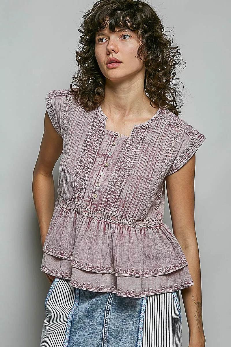 POL Eyelet Embroidery Pintuck Blouse