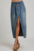 SO ME Pleated Washed Denim Skirt