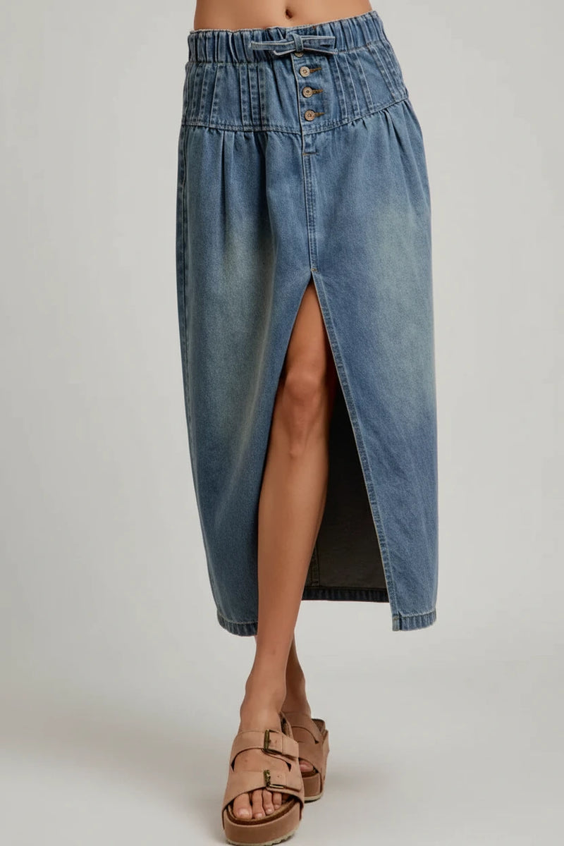 SO ME Pleated Washed Denim Skirt