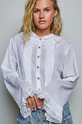 POL Lace Trim Button-Down Shirt
