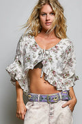 POL Ruffle Tie Front Cropped Floral Woven Flutter Sleeve Top