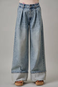 SO ME Mid Rise Pleated Wid Leg Jeans