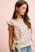 BiBi Flower Printed Ruffle Sleeve Top