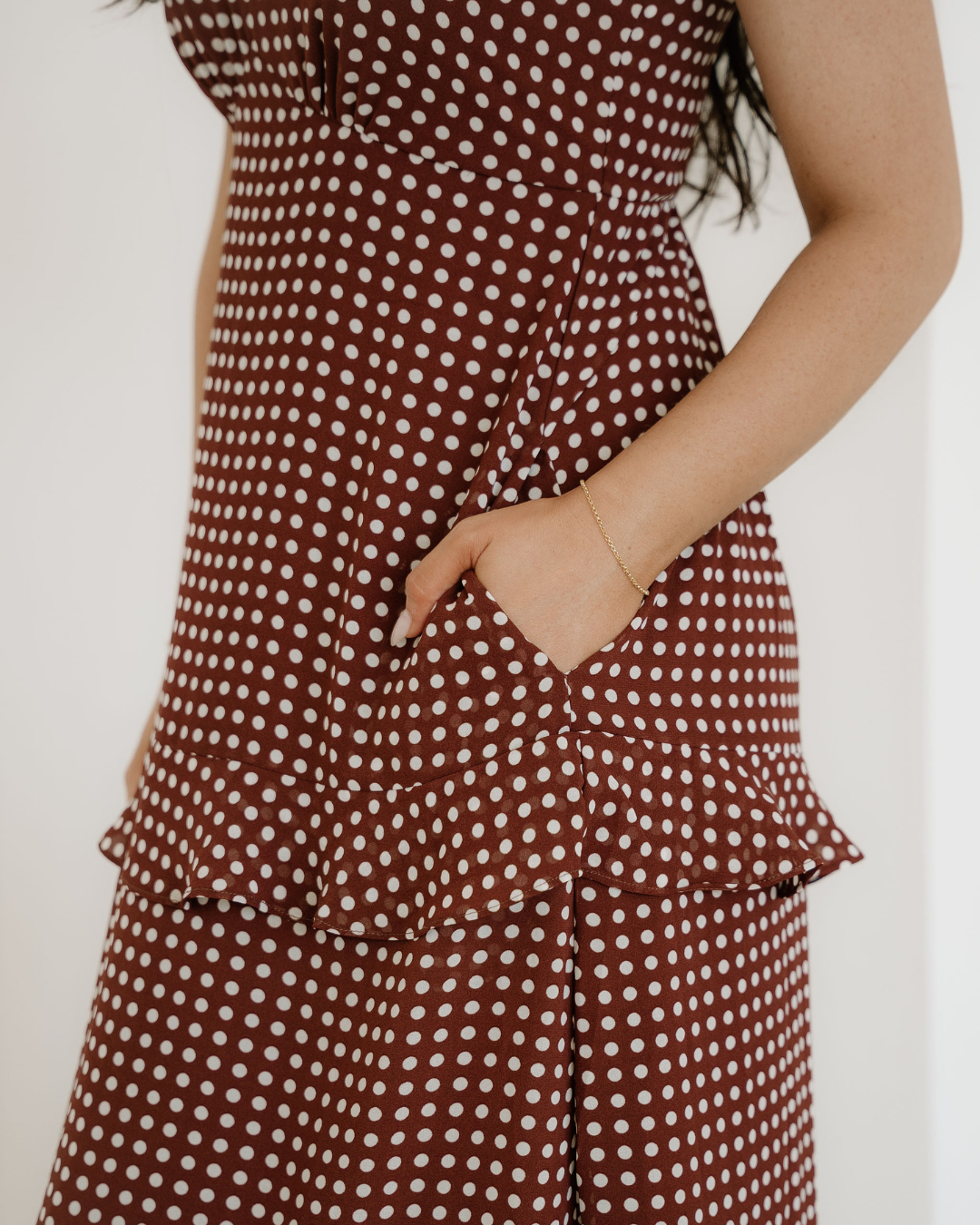 Irene Coffee Polka Dot Ruffled Tiered Maxi Dress
