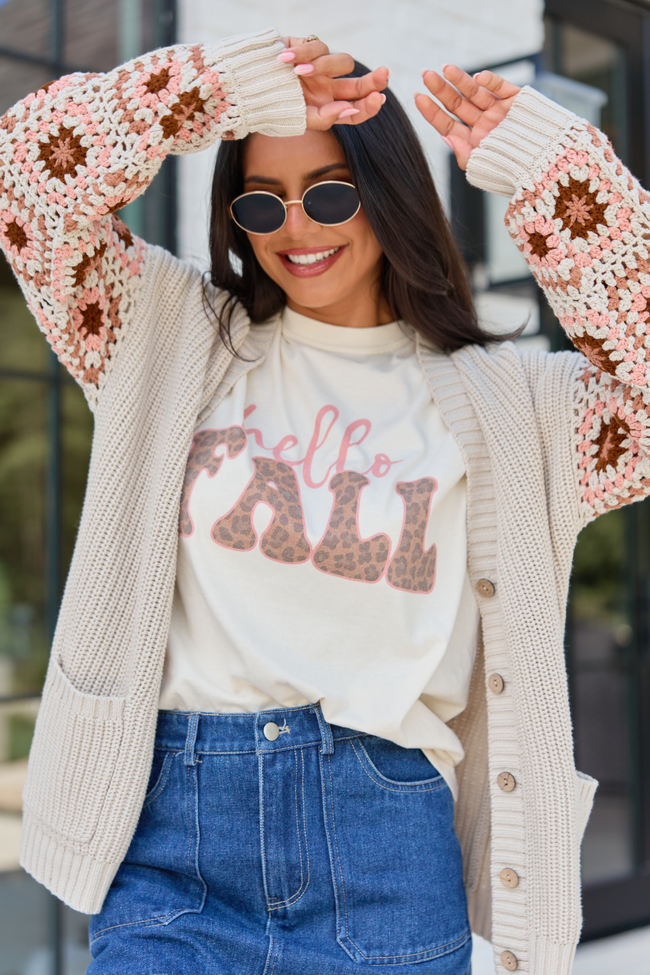 Hello Fall Leopard Ivory Graphic Tee