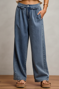 SO ME Mid Rise Ruffled Front Elastic Wide Leg Jeans