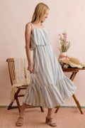 SO ME Stripe Tiered Shoulder Tie Midi Lined Dress