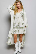 POL Palm Tree Print Wrap Bodice Smocked Waist Ruffle Hem Dress