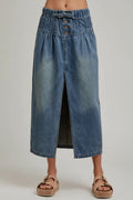 SO ME Pleated Washed Denim Skirt
