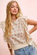 BiBi Flower Printed Ruffle Sleeve Top