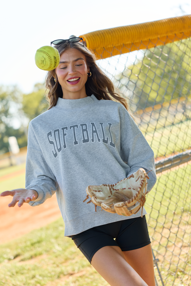 Varsity Softball Light Grey Mock Neck Oversized Graphic Sweatshirt
