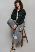 POL Cropped Button-Front Eyelet Cotton Jacket