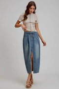 SO ME Pleated Washed Denim Skirt