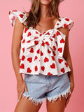 Heart Print Bow Front Ruffle Tank Top