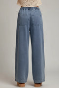 SO ME Mid Rise Ruffled Front Elastic Wide Leg Jeans