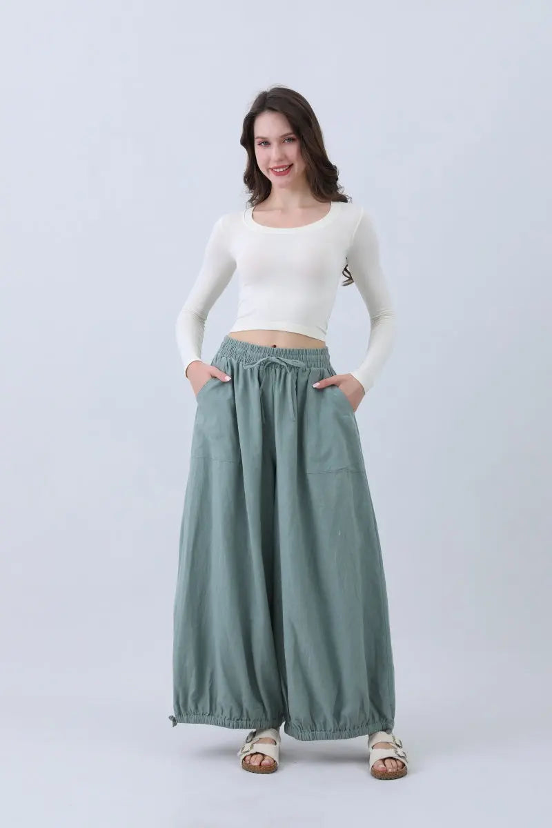 Women's Olive Wide Leg Linen Pants