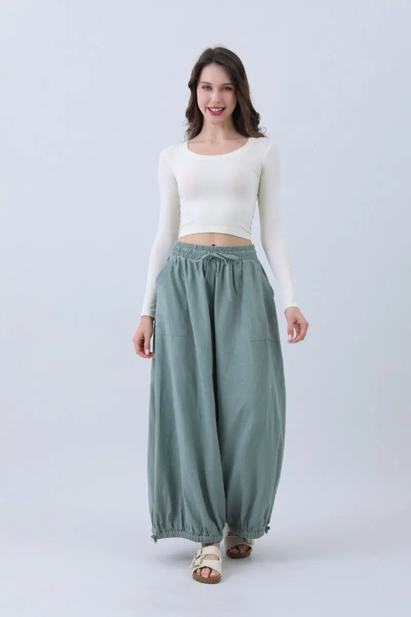 Women's Olive Wide Leg Linen Pants