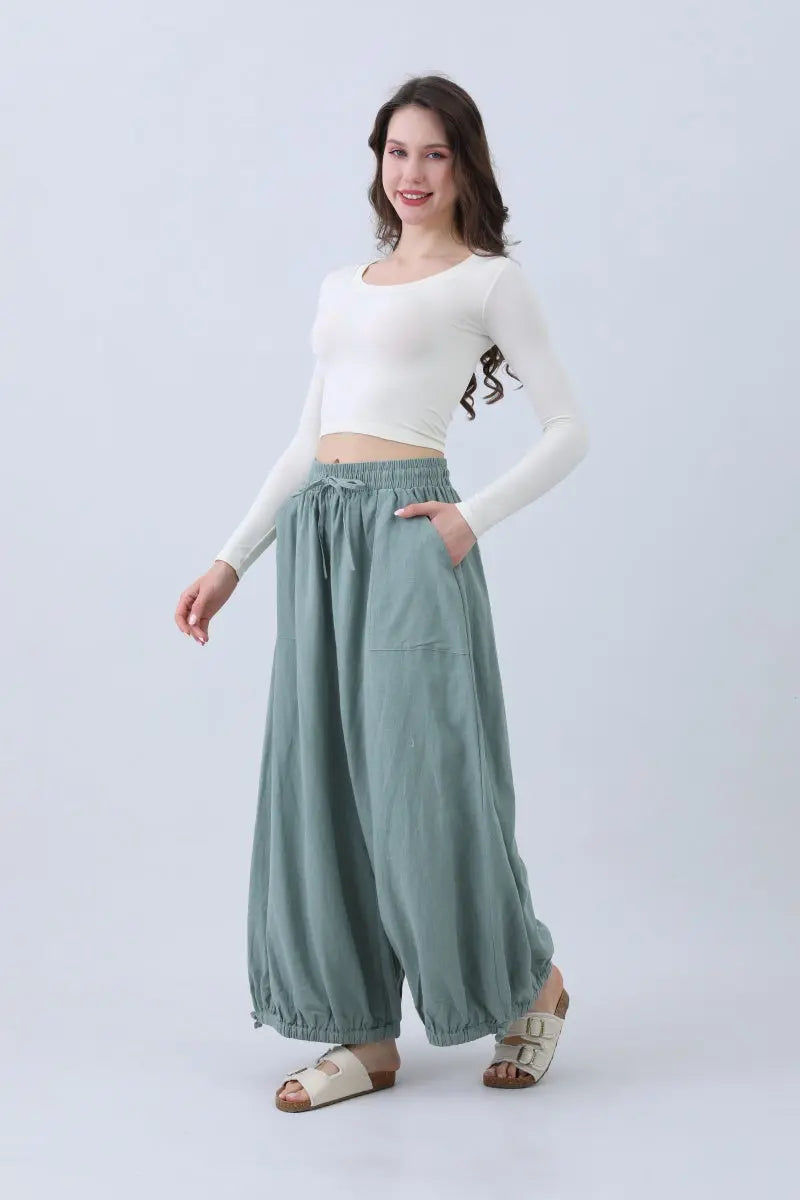 Women's Olive Wide Leg Linen Pants