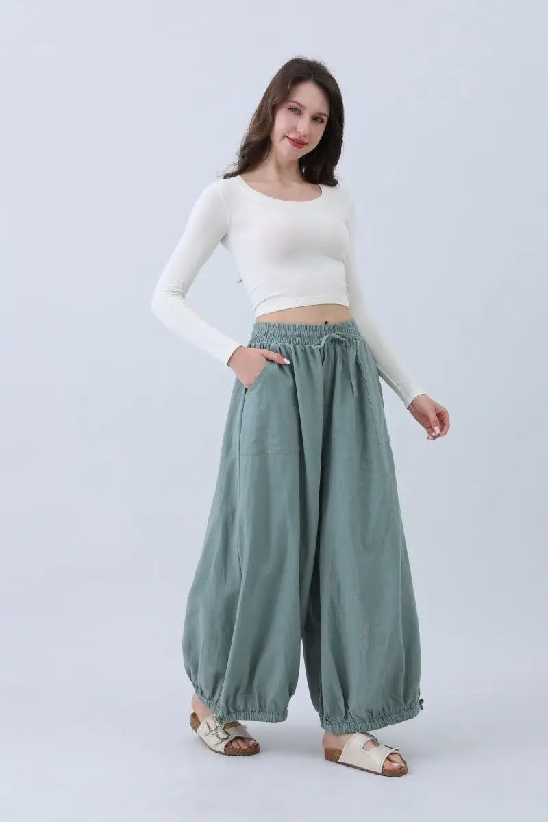 Women's Olive Wide Leg Linen Pants