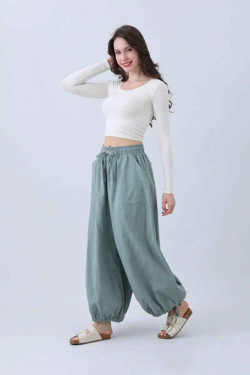 Women's Olive Wide Leg Linen Pants