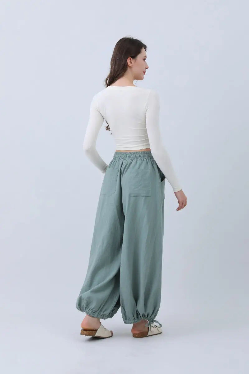 Women's Olive Wide Leg Linen Pants