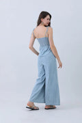 Light Blue Denim Smocked Wide Leg Jumpsuit