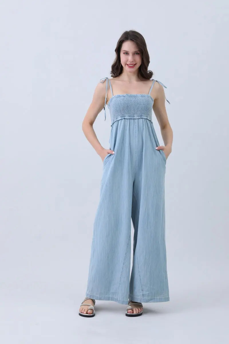 Light Blue Denim Smocked Wide Leg Jumpsuit