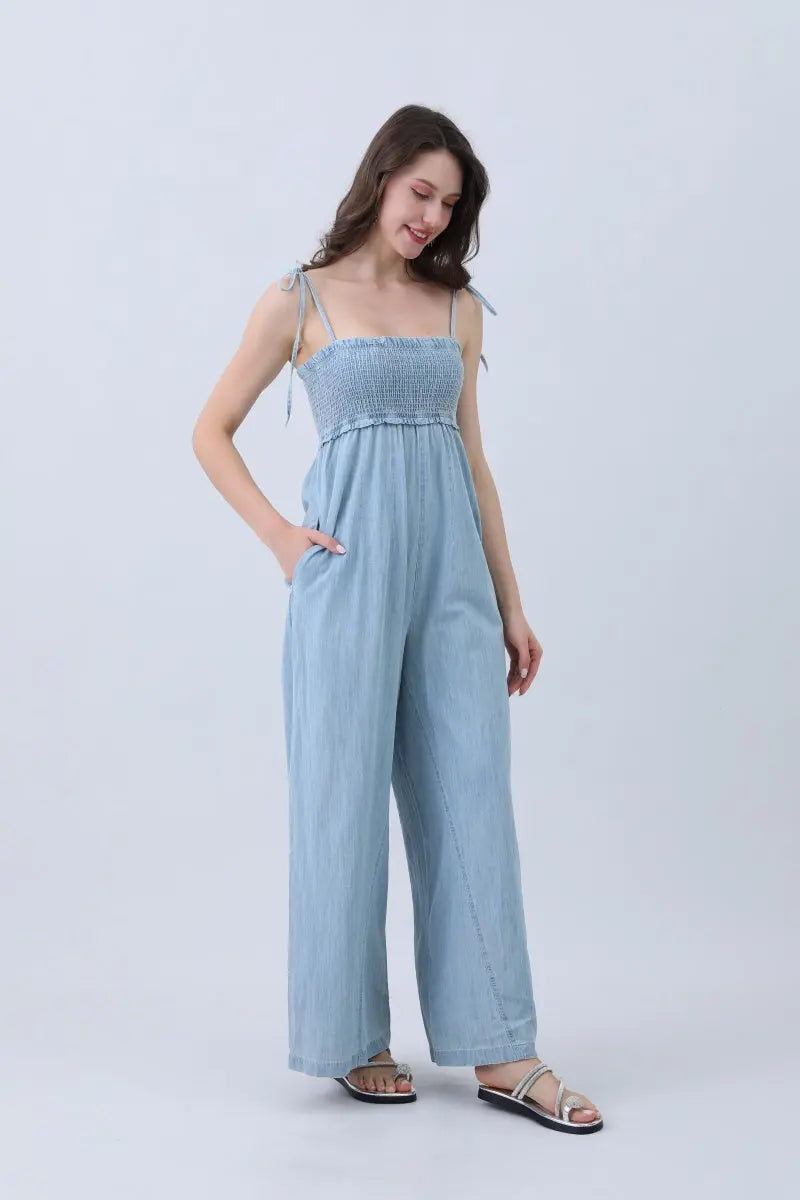 Light Blue Denim Smocked Wide Leg Jumpsuit