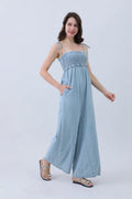 Light Blue Denim Smocked Wide Leg Jumpsuit
