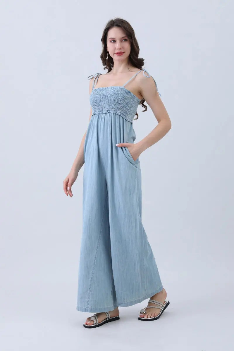 Light Blue Denim Smocked Wide Leg Jumpsuit