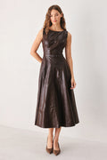 Dark Brown Faux Leather Midi Dress with Belt