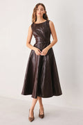 Dark Brown Faux Leather Midi Dress with Belt